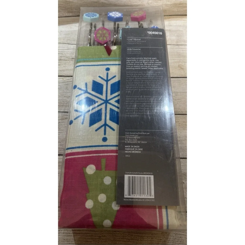 Style Selections Christmas Shower Curtain w/Snowflake Hooks Pink Blue Green NEW